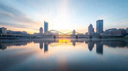 Naklejka premium Serene Sunrise over Pittsburgh’s Iconic Skyline with Golden Reflections on the Calm Waters of the Allegheny River in a Beautiful Urban Landscape at Dawn