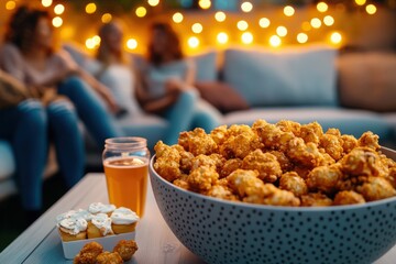 Evening gathering with popcorn and friends in cozy setting with warm lighting
