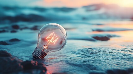 Illuminating Ideas: A Glowing Lightbulb on the Beach at Sunset