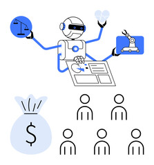 Robot with multiple arms symbolizes balance between justice technology healthcare, and finance. Icons represent scales, heart, robotic arm, money bag, and users. Ideal for AI, automation, robots