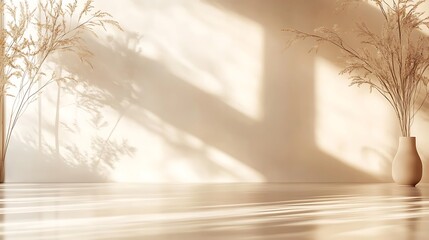 Obraz premium Minimalist beige room with dried flowers in vases