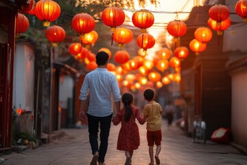 Family stroll under chinese lanterns at sunset in traditional asian street