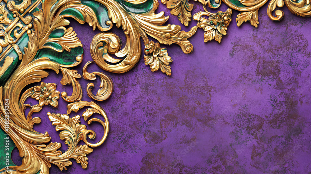 Wall mural Ornate Decorative Frame with Gold Details on Purple Background. Concept of Luxury, Mardi Gras Decor. Copy space