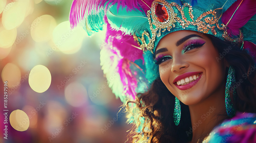 Wall mural Smiling Woman in Vibrant Carnival Costume at Mardi Gras. Concept of Cultural Celebration, Festive Spirit. Copy space