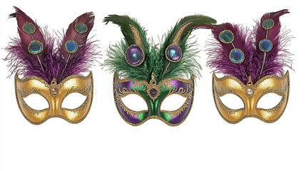 Festive Glittery Carnival Masks with Feathers for Mardi Gras Celebration. Concept of Traditional Festivity, Elegant Disguise