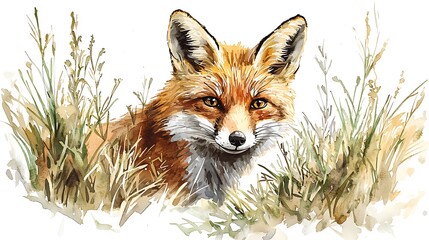 Obraz premium Watercolor Painting of a Red Fox Peeking from Tall Grass.
