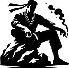 fighter smoke leaning against rock vector silhouette