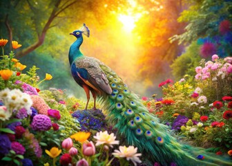 Fototapeta premium Vibrant watercolor peacock graces a lush garden, a majestic avian masterpiece.