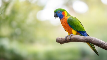 Naklejka premium Colorful Parrot Perched on Branch in Natural Environment with Soft Bokeh Background Featuring Vibrant Feathers and Bright Colors Ideal for Wildlife Photography