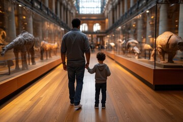Father and son exploring dinosaur exhibit in museum hallway