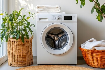 Modern Laundry Room with Washing Machine, Fresh Towels, Green Plants, and Natural Light in a Stylish and Cozy Home Environment