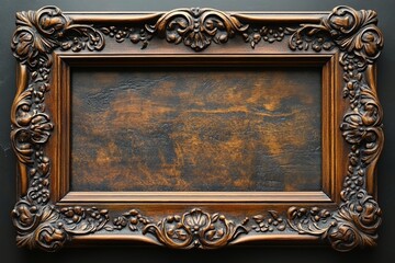 Vintage wooden picture frame with ornate carvings on dark background