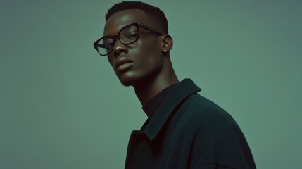 Fototapeta premium Serious Black Man in Green Coat, Glasses, Close-up