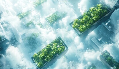 A high-tech farm with rows of green plants growing in advanced containers