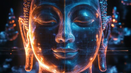 Serene Digital Buddha Head, Wireframe, Peaceful, Orange, Blue Glow, Dark Background