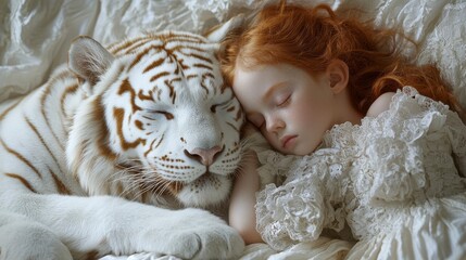 Redhead Girl Sleeping Peacefully with White Tiger Cub - Dreamy Fairytale Scene
