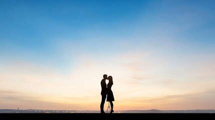 Fototapeta premium Romantic Silhouette of a Couple Embracing Against a Beautiful Sunset Horizon with a Colorful Sky at Dusk, Capturing Love and Connection in Nature