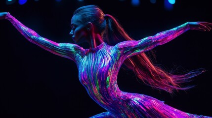 Neon Dancer, Woman in Iridescent Dress, Dynamic Pose, Dark Studio