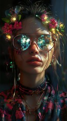 Obraz premium Cyberpunk Woman with Floral Crown and Sunglasses