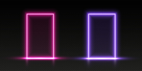 Neon doors, pink and purple glowing portals, futuristic gates, magic LED frames. Vector illustration.