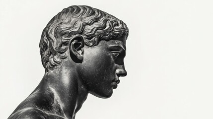 Pensive Greek Male Bust, Profile View, White Background, Classical Sculpture