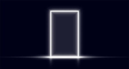 Neon door, white glowing portal, futuristic arch, magic gate background. Vector illustration.