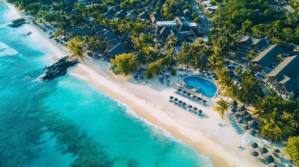 Aerial view of tropical beach resort with turquoise water, white sand, lush vegetation, and buildings.