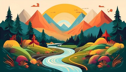 Vibrant hiking adventure through a stunning mountainous landscape with lush greenery and a flowing river. Generative AI