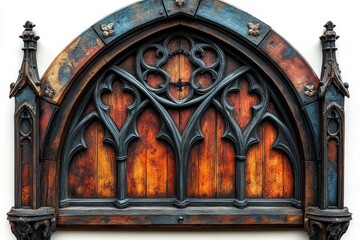 Obraz premium Vintage wooden frame with gothic arch and intricate carvings displaying rich wood grain