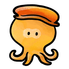 Cute cartoon orange octopus with hat illustration, cartoon octopus doodle color drawing