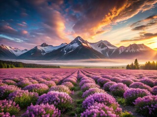 Surreal Dawn Landscape: Purple Flower Field, Majestic Mountains, Pastel Sky - AI Art