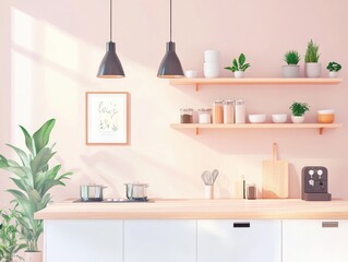 Modern Minimalist Kitchen Design With Plants and Wooden Accents