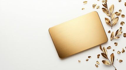 Elegant and Minimalist Gold Card Surrounded by Delicate Golden Leaves and Shimmering Glitter on a Soft White Background for Stylish Presentations