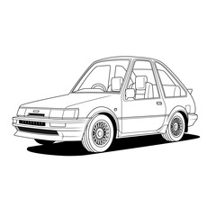 a detailed line drawing of a compact car from both the side and front perspectives, highlighting intricate features like wheels and body design