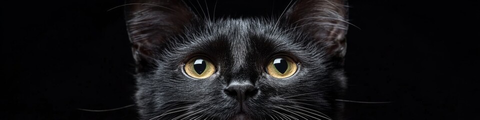 A close-up of a black cat's face against a dark background, showcasing its striking yellow eyes.