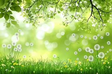 Fototapeta premium Beautiful Spring Background with Dandelions, Flying Seeds, Fresh Grass Meadow, Vector Illustration with Detailed Green Nature Scene, Copy Space for Banner or Poster