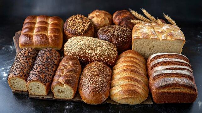 Assorted Artisan Breads on Dark Table - Bakery Collection - Powered by Adobe