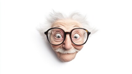 Amusing Portrait of an Elderly Man with Wild Hair and Oversized Glasses Conveying Joy and Curiosity, Ideal for Fun and Whimsical Stock Photo Collections