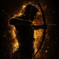 Archer Silhouette in Motion with Bow and Arrow Against Black Background