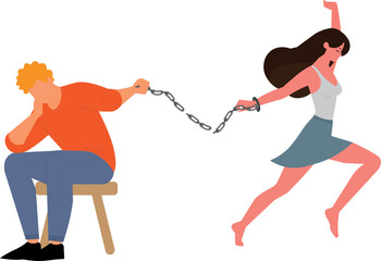 Woman breaking the chain, freeing herself from an abusive relationship, flat designer