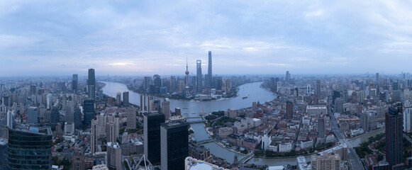 Aerial View of Shanghai skyline with the Winding Huangpu River