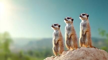 Fototapeta premium Three Curious Meerkats Standing on a Rock in a Natural Environment with Soft Lighting and a Blurred Background of Greenery and Sky