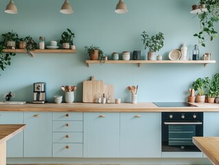 Stylish Mint Green Kitchen With Wooden Shelves And Plants