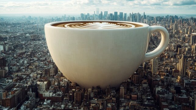 Giant Coffee Cup Overlooking Cityscape