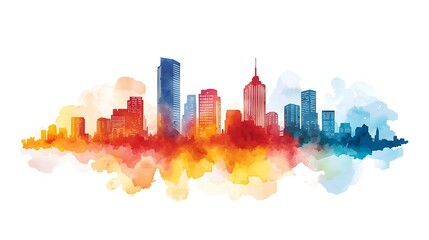 Fototapeta premium Vibrant Watercolor Cityscape Silhouette A Modern Urban Panorama.