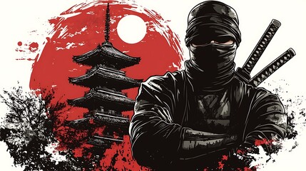 A stylized illustration of a ninja with two katanas standing in front of a Japanese pagoda under a red sun.