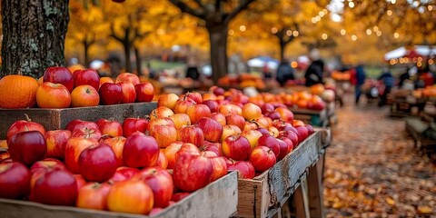 Autumn Apple Harvest: Rustic Wooden Crates of Red and Gold Apples in a Golden Autumn Orchard