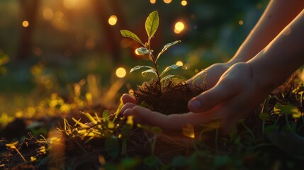 Fototapeta premium Realistic hands protecting a small tree sapling with delicate roots and vibrant foliage, surrounded by a serene outdoor backdrop of grass 