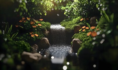 Serene forest stream with sunlight, moss, and orange flowers.