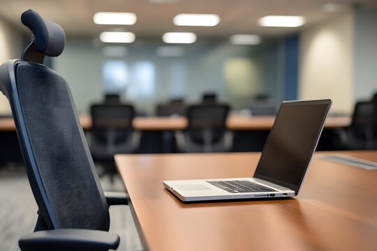 Stylish office workspace with modern chair and laptop on a polished table, showcasing a clean and organized environment for productivity and creativity